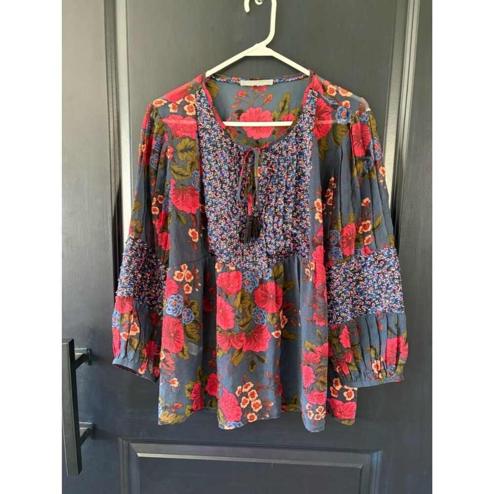 Daniel Rainn Flowy Sheer Floral Top Pintuck Tassel Boho Chic Peasant Large
